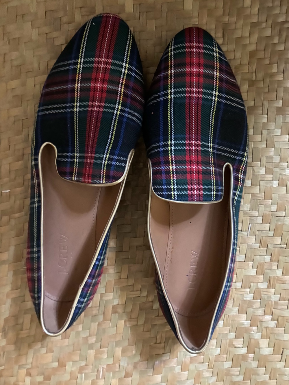 J.Crew Tartan Plaid Smoking Slippers Womens 10 Red Gold Trim Loafers Flats